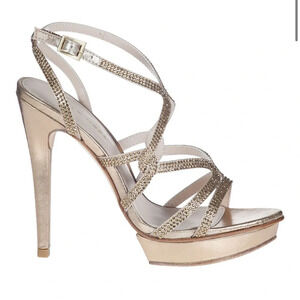 PELLE MODA FARAH EVENING SANDAL PLATINUM LEATHER Rhinestone Platform High Heels